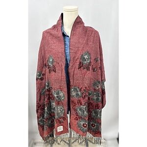 Made in Germany, reversible Floral fringe Shawl /scarf in Red/ Gray 78”x23”